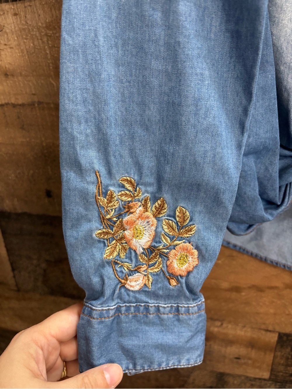 Grace Light Blue Denim Shirt with Orange Floral Embroidery EUC Size Small - Picture 10 of 13